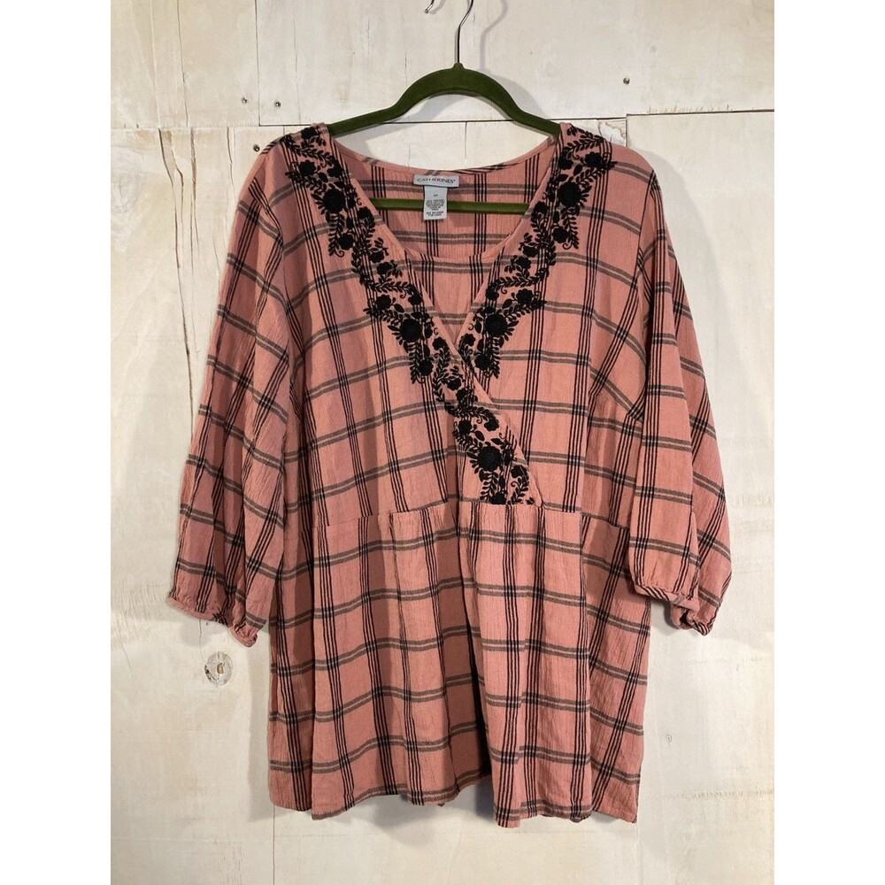 Catherine’s Embroidered Gingham Pink Boho Shirt 2xl Cottagecore Whimsigoth